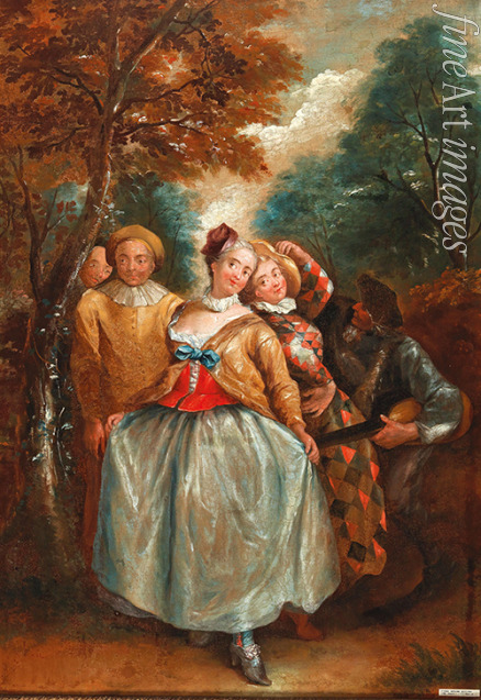 Quillard Pierre-Antoine - A Commedia dell'Arte scene with Columbina, Harlequin and Pierrot