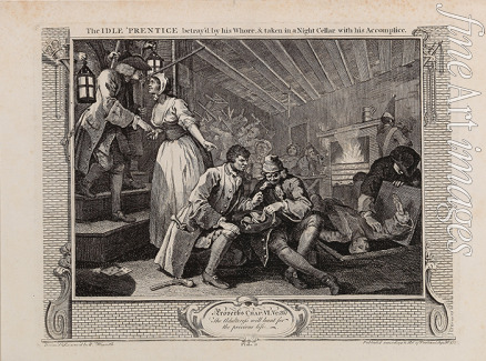 Hogarth William - Der Faule, von seiner Hure betrogen, sitzt mit seinem Kumpan in einem Nachtlokal. Folge 