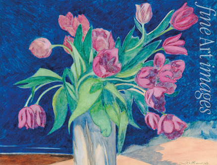 Spilliaert Léon - Pink tulips in a vase, in the background a seascape with dunes