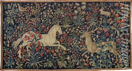 Anonymous master - A unicorn and a stag in a field of flowers 