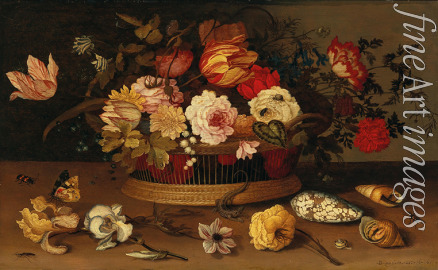 Ast Balthasar van der - A wicker basket with flowers and shells on a stone-ledge
