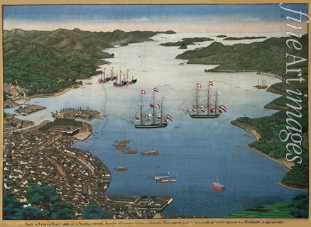 Kawahara Keiga - Die Insel Deshima in der Bucht von Nagasaki mit Schiffen Vasco da Gama und Johanna Elisabeth
