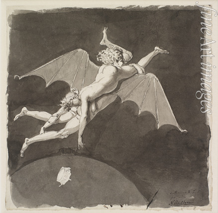 Abildgaard Nicolai Abraham - Katharina die Große, nackt, auf dem Rücken eines Mannes mit Fledermausflügeln von der Erde wegfliegend