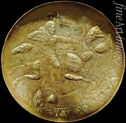 Sassanidische Kunst - Platte mit einem Bogenschützen auf der Löwenjagd