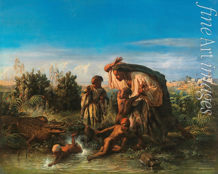 Biard François-August - Scene on the Nile: a Family is Attacked by a Crocodile