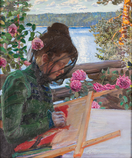 Gallen-Kallela Akseli - Mary embroidering on the porch of Kallela