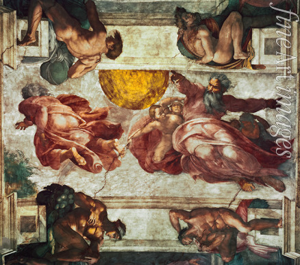 Buonarroti Michelangelo - Die Erschaffung der Sonne, des Mondes und der Pflanzen. Deckenfreske in der Sixtinischen Kapelle im Vatikan