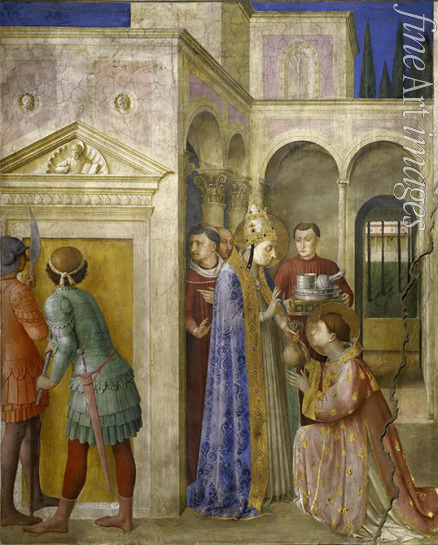 Angelico Fra Giovanni da Fiesole - Vor seiner Hinrichtung übergibt der Papst Sixtus II. dem Heiligen Laurentius den Kirchenschatz