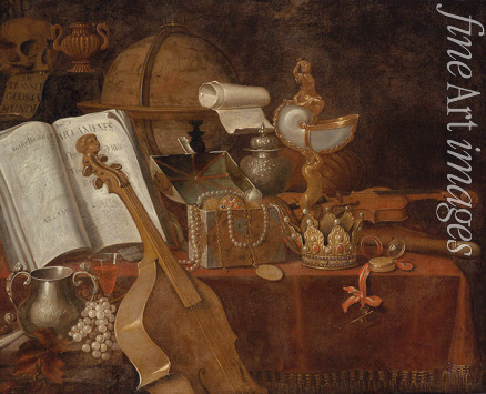 Collier Edwaert - A vanitas still life with an open book, a globe, a nautilus goblet, a violin and precious objects 