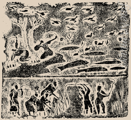 Central Asian Art - The rubbing from the Brick Relief with Harvesting, Fishing and Hunting Scene