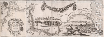 Rothgiesser Christian Lorenzen - Bildkarte der Wolga (Illustration aus Moskowitische und persische Reise von Adam Olearius)