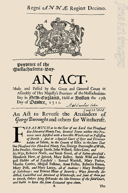 Historisches Objekt - Regni Annae Reginae decimo. 1711 Generalamnestie für die Verurteilten in den Hexenprozessen von Salem  