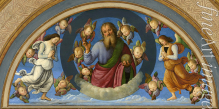 Perugino - Die Himmelfahrt Christi. Detail: Der Ewige Vater zwischen zwei Engeln