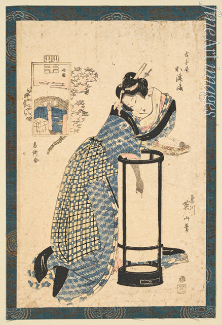 Eizan Kikukawa - Bijin before a maruandon, wearing a yukata