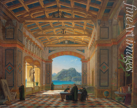 Klenze Leo von - Italian monastery hall with Benedictine monks and a view of Capri