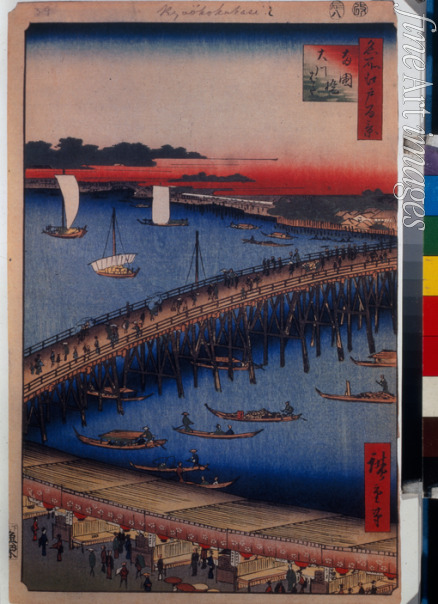 Hiroshige Utagawa - Flussufer bei Ryogoku Brücke (Einhundert Ansichten von Edo)