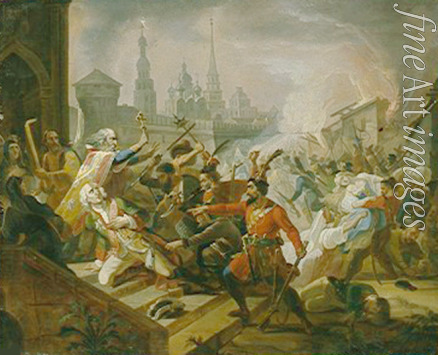 Russischer Meister - Die Pugatschows Schlacht um Kasan im Juli 1774 (Szene aus dem Russischen Bauernkrieg 1773-1775)